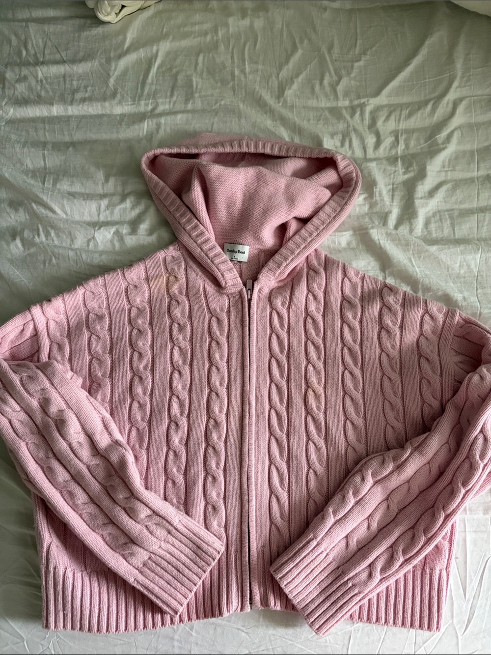 Sunday Best Pink Cable-Knit Hooded Zip Cardigan